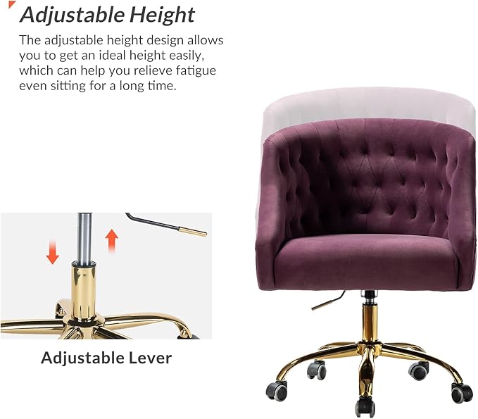 Velvet Home Office Chair with Gold Base Comfy Modern Cute Desk Chair Adjustable Swivel Task Chair for Study Living Room Bedroom Vanity Purple