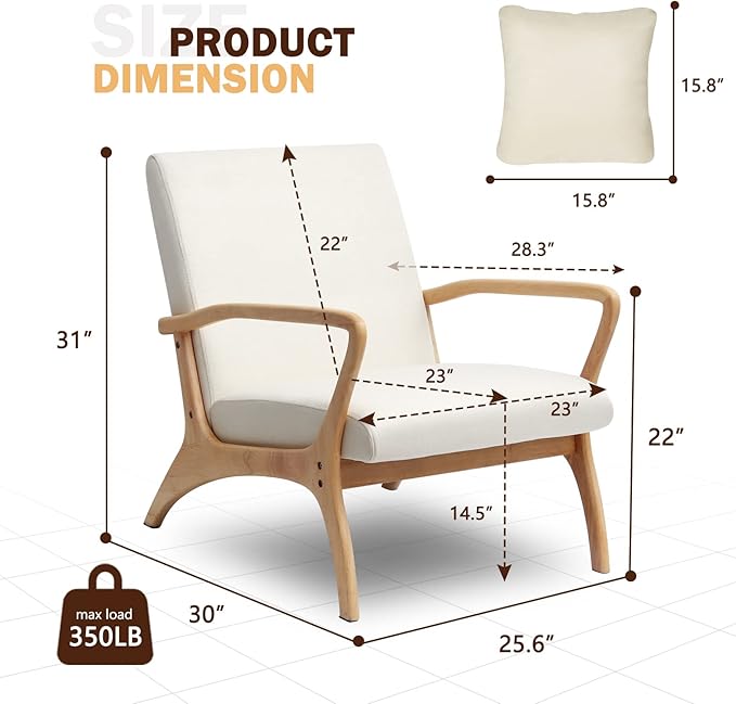 ELUCHANG Accent Chair with Lumbar PillowMid-Century Modern Armchair Linen Fabric Comfy Reading Lounge Side Chair for Living Room Bedroom ApartmentEasy Assembly(Beige)