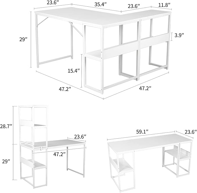 UNICOO – Muti-Function 3 Combination Computer Desk. L Shaped Computer Desk with Shelves Study Desk with Reversible Storage Shelves for Home Office (XJH-2402 - White)