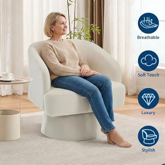Swivel Barrel Chair - Velvet Upholstered Modern Armchair with Striped Backrest &amp Plush Padding Round Lounge Chair for Living Room Bedroom (Beige-Openwork-(1 Pcs))