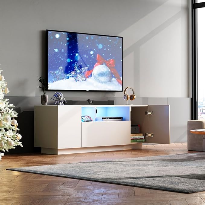 WLIVE TV Stand with LED Lights &amp Large Storage Cabinet Modern Entertainment Center for 32/43/50/55 Inch TVs Sturdy Media Console for Living Room Bedroom Gaming White