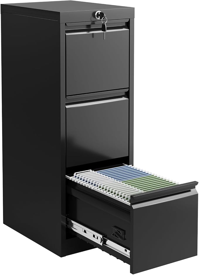 3-Drawer Lateral File Cabinet with Lock Heavy Duty Metal Filing Cabinet for Letter/Legal/A4/F4 Documents Space-Saving Vertical Office Storage Organizer for Home Office Easy Assembly Black