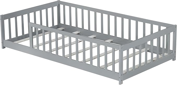 Bellemave Twin Floor Bed with Slats and Guardrails Wood Montessori Floor Beds with Fence Easy Assemble Floor Bed for Kids Girls Boys Gary