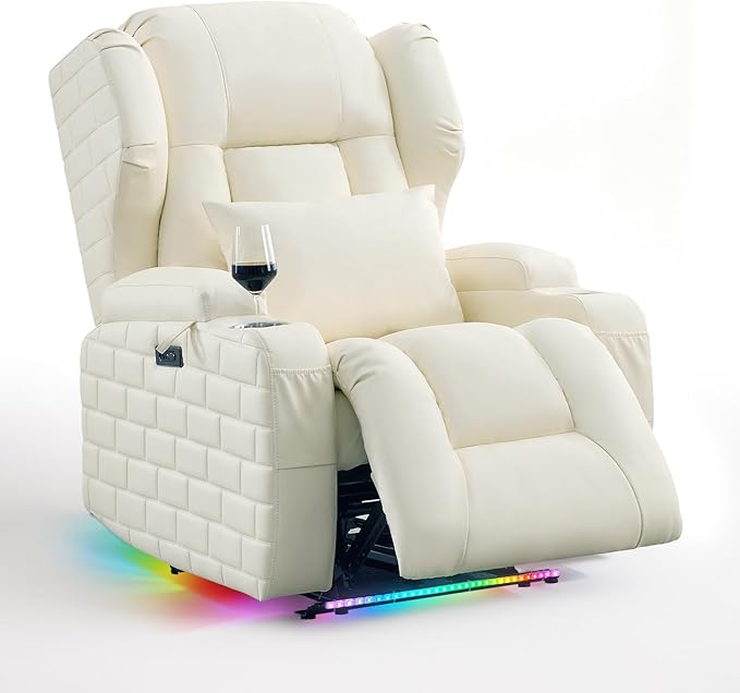 Wall Hugger Power Recliner Chair with Massage &amp Heat Electric Home Theater Reclining Chair with Cup Holder USB Port LED Light Faux Leather Living Room Chair (Beige White Single)