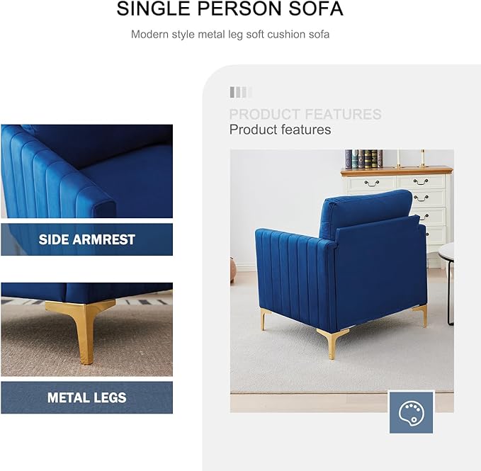 Kiztir Mid-Century Modern Velvet Accent Chair Comfy Upholstered Armchair for Living Room Bedroom Office Studio Lounge (Blue)