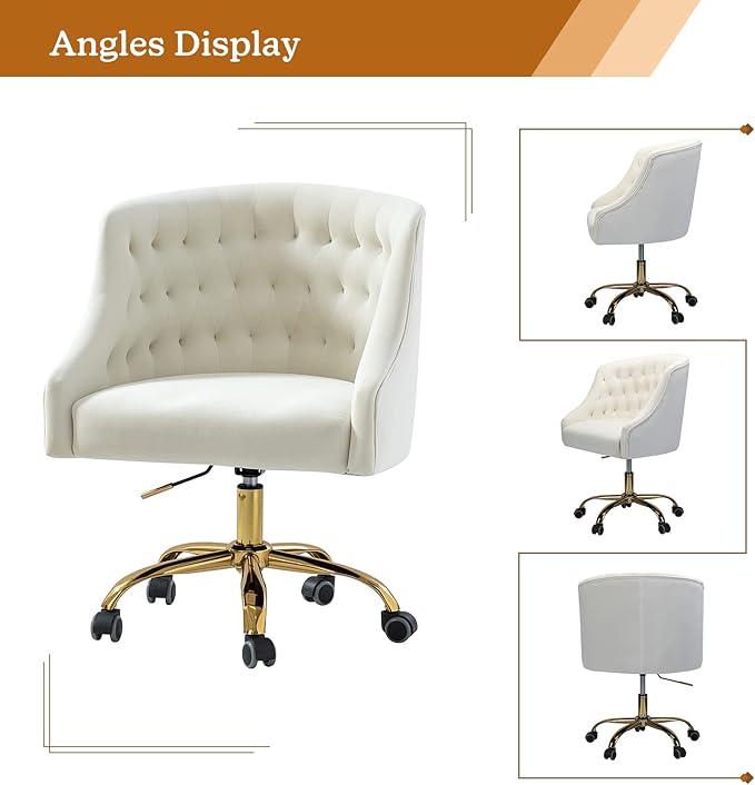 Velvet Home Office Chair with Gold Base Comfortable Modern Cute Desk Chair Adjustable Swivel Task Chair for Living Room Bedroom Vanity Study Ivory