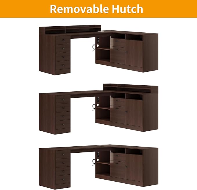 78 L Shape Executive Desk - Large Office Desk with Drawers and Cabinet Storage Business Furniture with Charging Station &amp USB Ports Modern Computer Desk for Home Office Brown