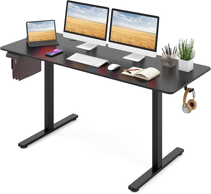 Tangkula 63 Inch Height Adjustable Electric Standing Desk Extra Large Sit Stand Desk with 3 Memory Height Settings Anti-Collision System 2 Hanging Hooks &amp Wire Holes Rising Desk for Home Offic