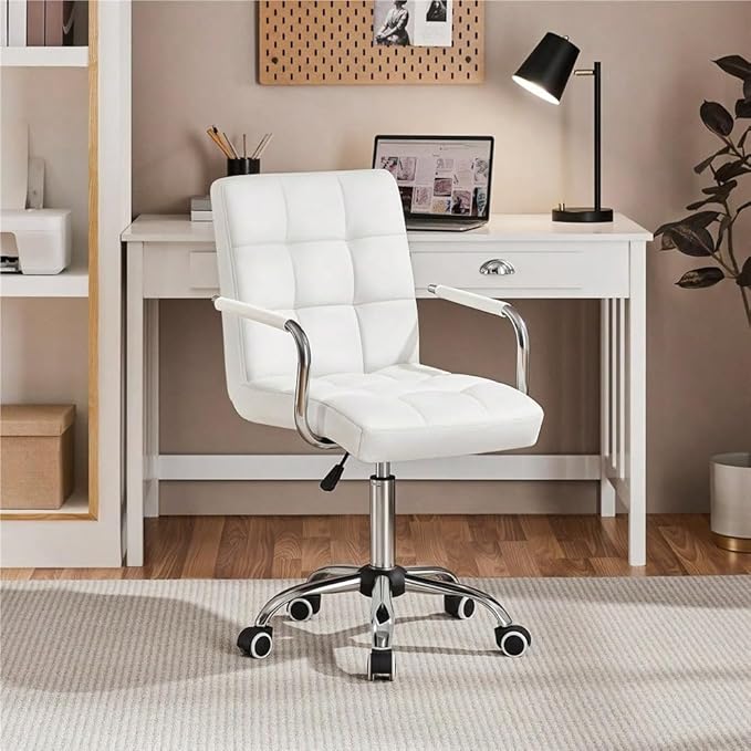 Butterslay Mid-Back PU Leather Office Chair with Armrests 360° Swivel Rolling Height Adjustable Desk Chair with Lumbar Support for Home Office Bedroom White/Pink/Brown/Retro Brown (White)