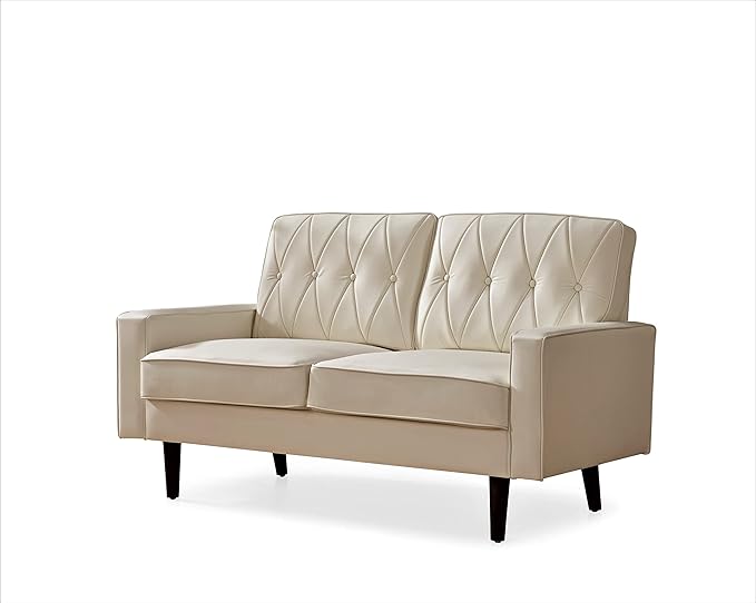 Modern Style Faux Leather Loveseat with Elegant Round Tapered Legs and Button Tufted Backrest Perfect for Living Room Bedroom or Home Office 57.5’’ Wide White