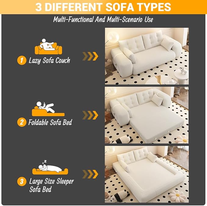 78.7 Folding Sofa Bed Queen Foldable Floor Futon Sofa Sleeper Convertible Boneless Mattress Loveseat Cloud Couch for Home Living Room Bedroom Lounge Apartment and Small Spaces Beige Teddy