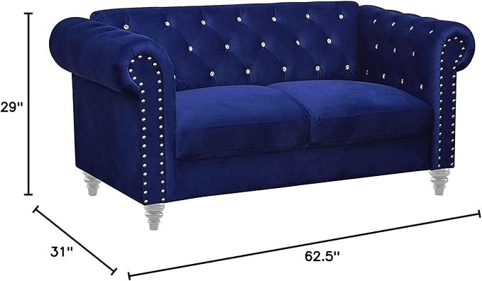 New Classic Furniture Glam Emma Velvet Two Seater Chesterfield Style Loveseat for Small Spaces with Crystal Button Tufts Royal Blue