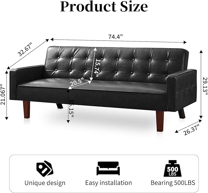 Faux Leather Couch Mid Century Modern Sofa with Memory Foam Comfy 3 Seater Couch for Small Spaces Living Room Office Black