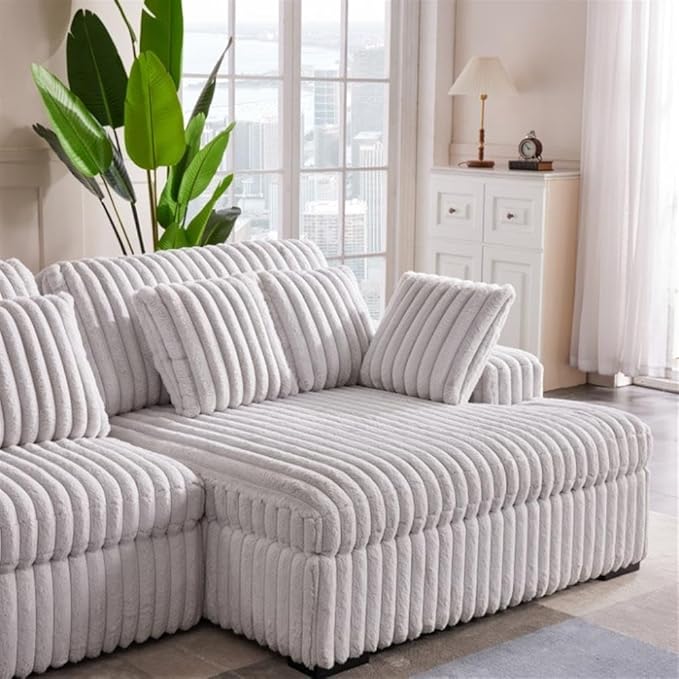 Pemberly Row 113 W Corduroy Fabric Cloud Convertible Sectional Deep Seat Sofa Slider with Power Recliner Glider USB Charging Ports and 6 Cushions in Presley Latte for Living Room