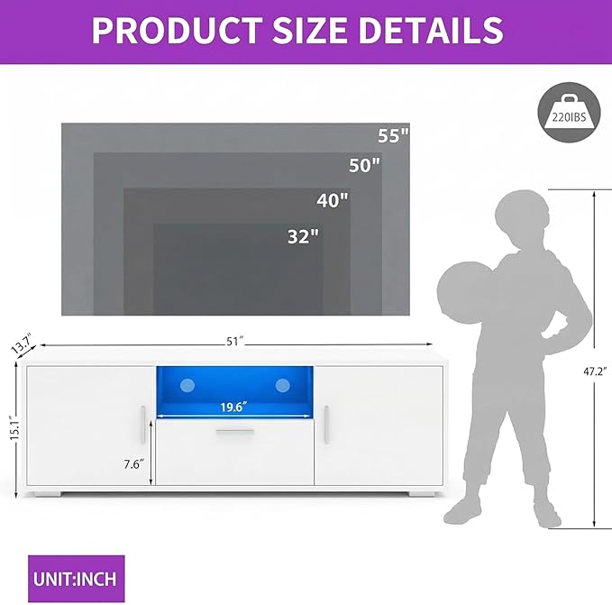 LED TV Stand for 32–55 Inch TVs – 51 Modern Entertainment Center with RGB Lights Glass Shelves &amp Large Storage Cabinet White Media Console for Living Room or Bedroom Setup