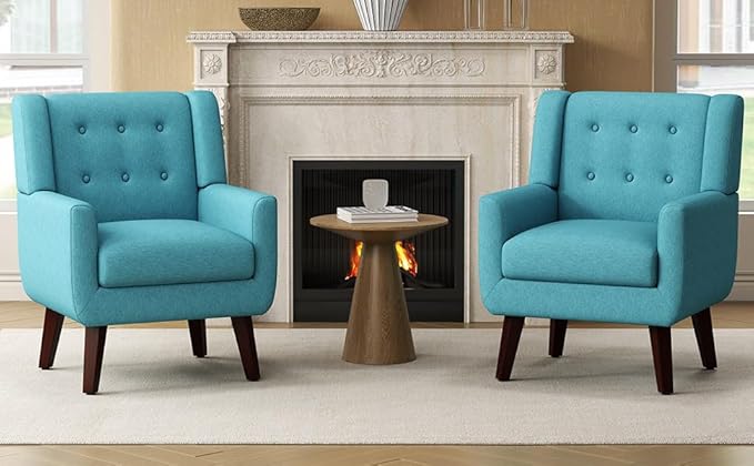 Linen Fabric Living Room Chairs Accent Chair Mid Century Modern Armchair for Living Room Bedroom Button Tufted Upholstered Comfy Reading SofasVanity Chair (1 Lake Blue)