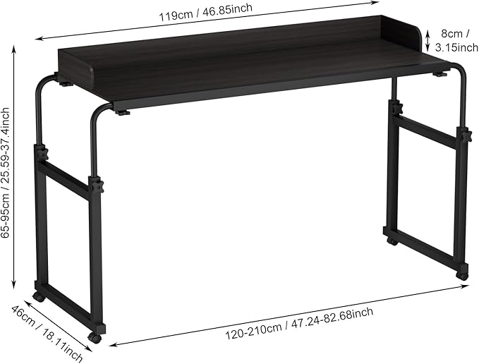 Adjustable Height Overbed Table Rolling Overbed Bedside Desk with Raised Baffle and Spacious Desktop Over BedTable with Wheels for Home Office Bedroom Hospital Use (Matte Black)