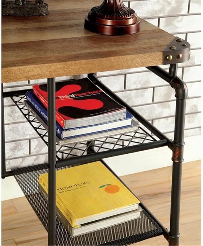 Pemberly Row Metal Writing Desk 47.25 W x 23.63 D x 30.13 H Antique Black Finish Steel and MDF Construction Industrial Style with Stacked Shelves and Caster Wheels Office Desk for Indoor Use