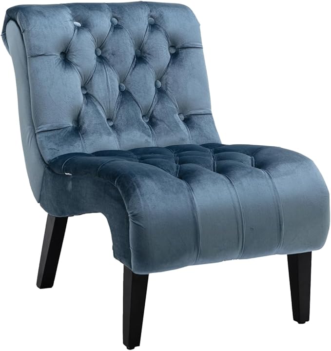 Modern Velvet Armless Accent Living Room Chair/Leisure Chair Upholstered Fabric Button Comfortable Chair with Wooden Legs for Bedroom Living Room Office (Light Blue Velvet)