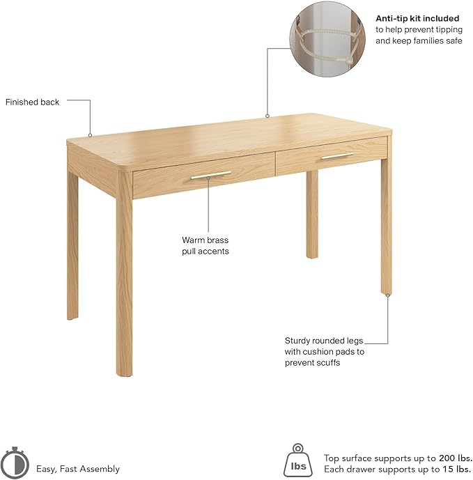 Vera 54W Writing Desk Home Office Furniture Vera Collection Natural White Oak