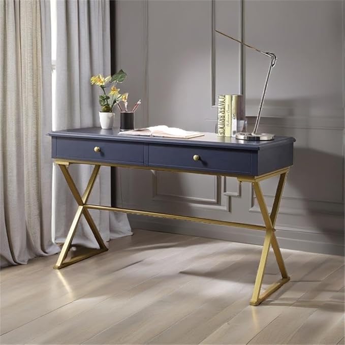 Scranton &amp Co 47 W Mid-Century Metal &amp Wood Writing Desk Sleek Design Incredible Quality for Office/Home Decor in Blue &amp Gold Finish