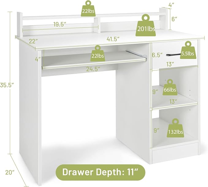 Tangkula White Desk with Drawer &amp Keyboard Tray 22 Inch Wide Modern Study Writing Desk with Desktop Hutch &amp Storage Shelves Home Office Desk for Teens Wood PC Laptop Desk Desk for Bedroom