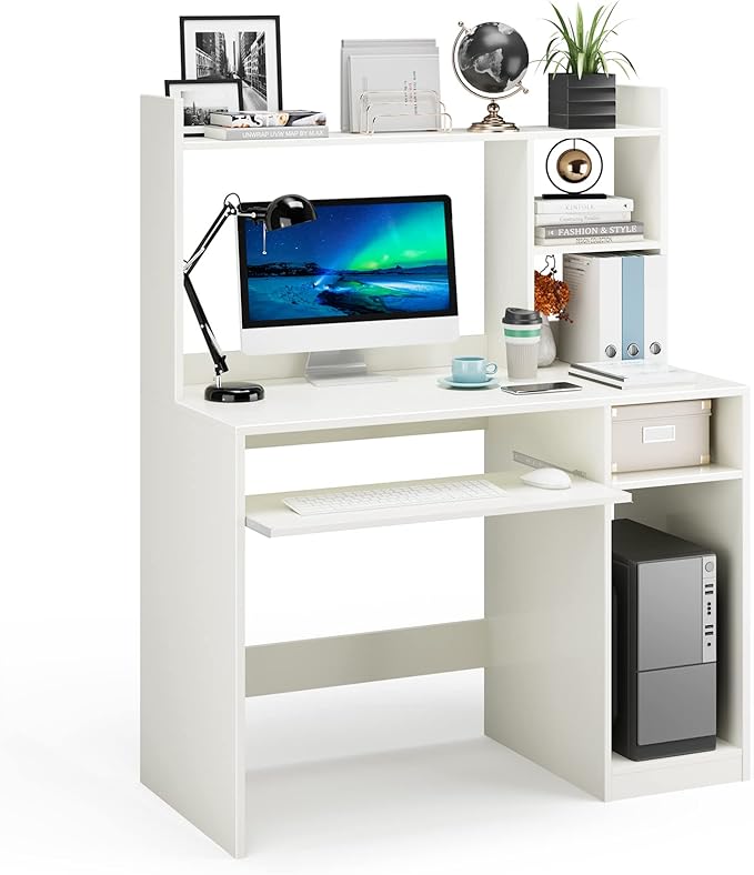 Home Office Desk w/Hutch Gaming Table Workstation w/Keyboard Tray CPU Stand &amp Bookshelf Modern &amp Space-Saving Writing Desk for Dorm Bedroom White
