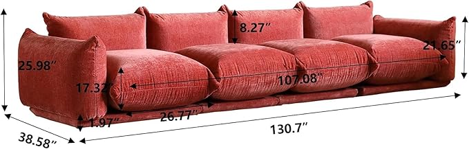 JACH Mid-Century Modern Large 4 Seater Couch Chenille Sectional Sofa 4 Seats Modular Couches with Thick Cushion 130 Plush Sofas Furniture for Living Room Bedroom Office Apartment Red