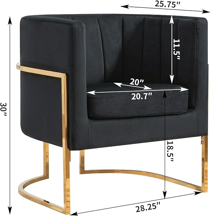 Velvet Modern Accent Chair Upholstered Barrel Armchair Mid Century with Pillow for Living Room Comfy Single Vanity Chair with Metal Gold Legs for Bedroom Black