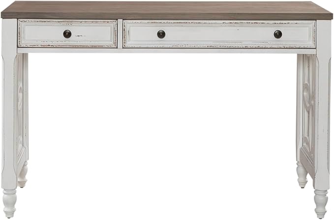 Liberty Furniture Magnolia Manor 4 Piece Opt L Shaped Writing Desk Set Keyboard Tray European Traditional Home Office - Antique White &amp Weathered Bark Oak Wood