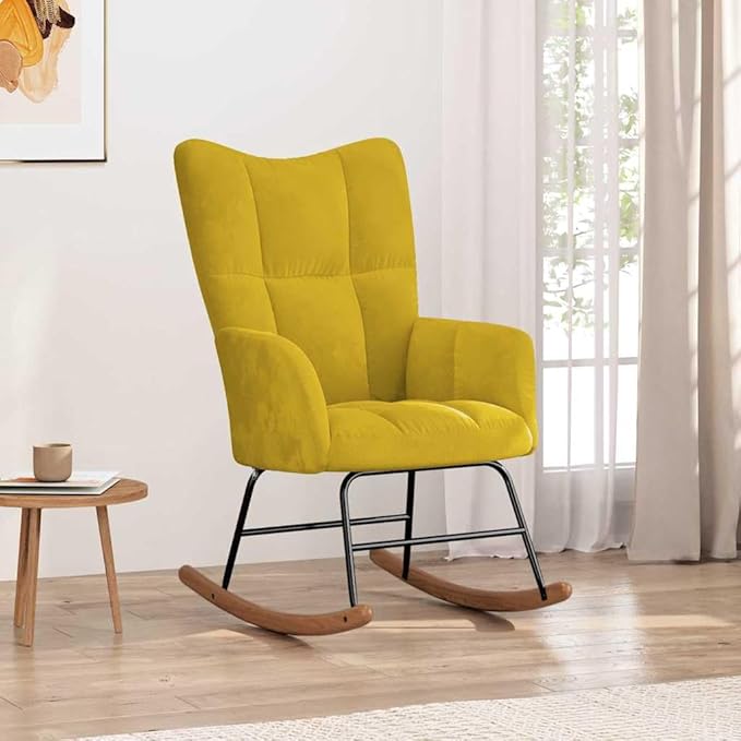 vidaXL Mustard Yellow Velvet Rocking Chair-Luxurious Modern Design Comfortable Foam-Padded Seat Soft Touch Velvet Upholstery Steel Frame with Wooden Rocking Rails