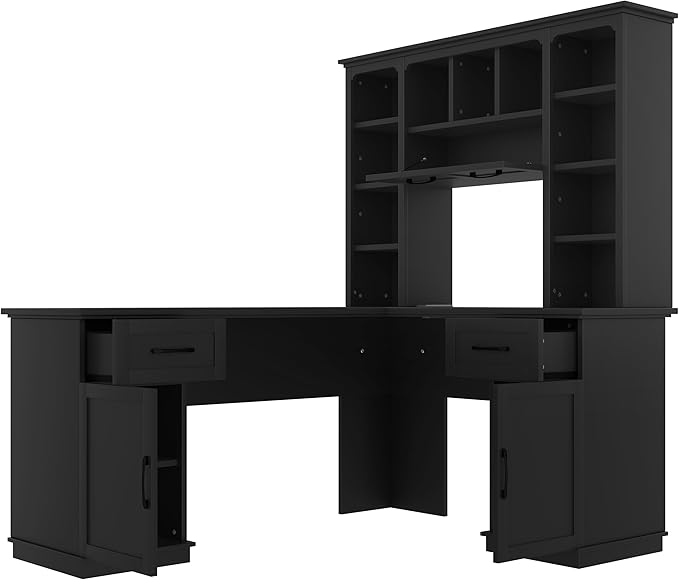 L-Shaped Home Executive Desk with 2 Cabinets and 2 Drawers Computer Desk with Power Outlet 11 Open Shelves and 1 Right Flip Shelf with Storage for Study Living Room and Office (Black-02)