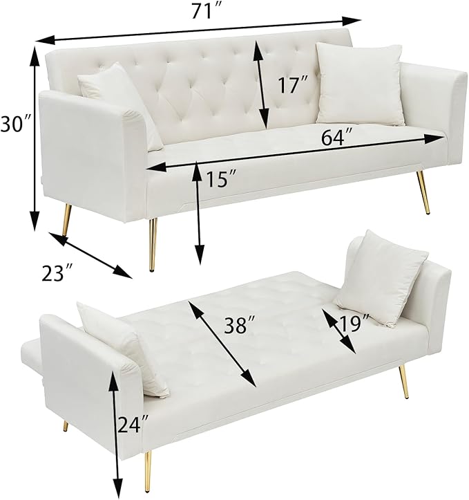 71 Modern Velvet Sofa Bed Futon Convertible Sleeper Couch with Adjustable Backrest Tufted Recliner Loveseat with Golden Chrome Legs &amp 2 Pillows for Small Spaces Living Room Apartment (Beige)