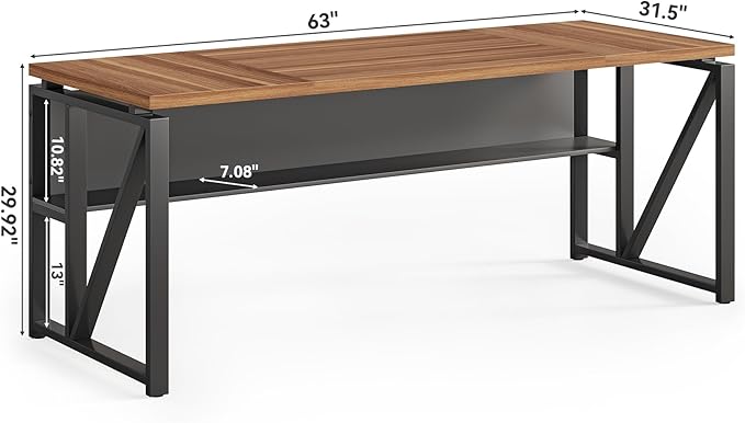 LITTLE TREE 63-Inch Executive Office Desk Large Computer Desk with Storage Shelf Executive Desk with Metal Frame Study Writing Desk Work Station for Home Office Brown + Black