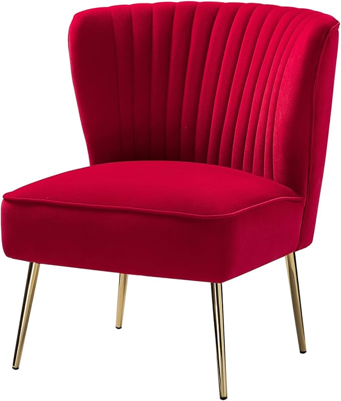 HULALA HOME Velvet Accent Chair Modern Upholstered Cute Side Chair with Gold Metal Legs Armless Wingback Slipper Chair Comfy Living Room Chair for Bedroom Guest Room Vanity RED