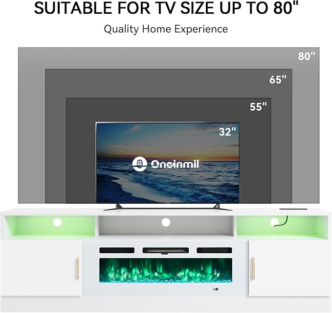 oneinmil 70 Fireplace TV Stand with Power Outlet for TVs Up to 80 Electric Fireplace Entertainment Center with LED Lights &amp Storage Cabinets Media Console Table for Living Room White