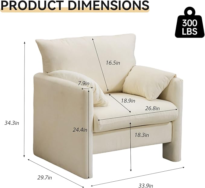 Chenille Oversized Armchair Set of 2 Wide Accent Chair for Living Room Bedroom Modern Upholstered Lounge Chair Mid-Century Reading Chair Comfy Single Sofa Chair Beige