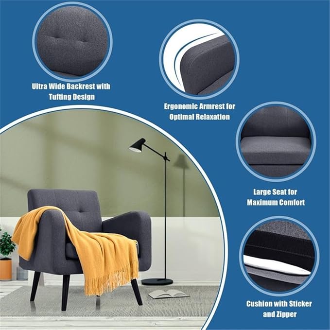 Pemberly Row Contemporary Fabric Accent Chair Gray Linen Upholstery Rubber Wood Legs Tufted Backrest 29.5 L x 29.5 W x 32.5 H Comfortable Living Room or Reception Room Seating