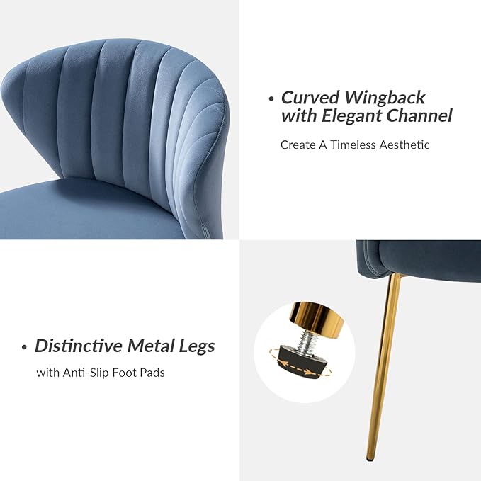 HULALA HOME Velvet Dining Chairs Modern Small Armless Accent Chair with Gold Metal Legs Living Room Upholstered Cute Side Chair Elegant Tufted Back Vanity Chair for Bedroom Slate-Blue