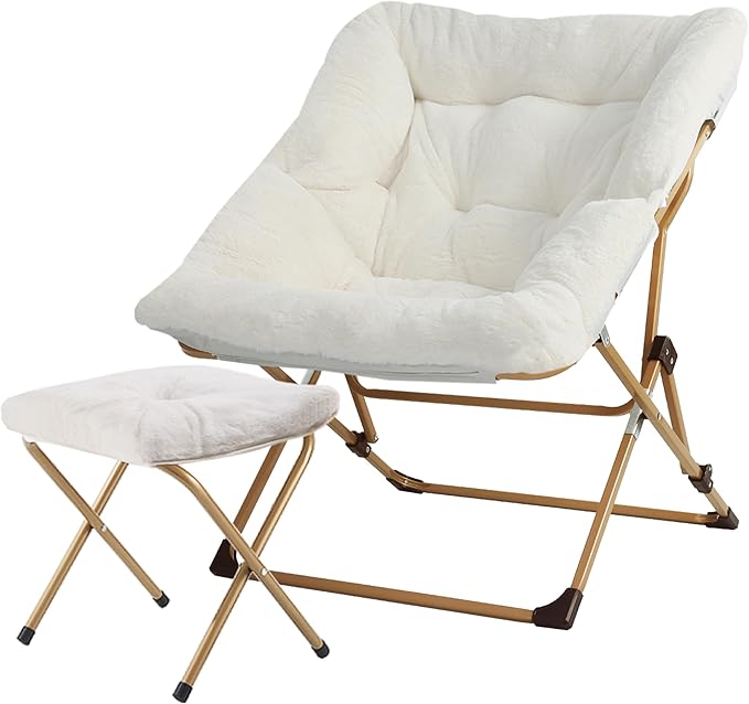 Walsham Folding Comfy Chair with Ottoman Faux Fur Soft Cozy Lounge Reading Papasan Chair with Footrest for Adults Kids Bedroom Living Room Dorms Small Space White