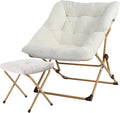 Walsham Folding Comfy Chair with Ottoman Faux Fur Soft Cozy Lounge Reading Papasan Chair with Footrest for Adults Kids Bedroom Living Room Dorms Small Space White