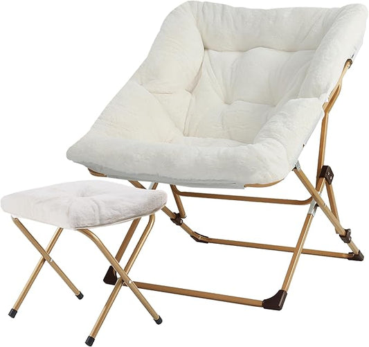 Walsham Folding Comfy Chair with Ottoman Faux Fur Soft Cozy Lounge Reading Papasan Chair with Footrest for Adults Kids Bedroom Living Room Dorms Small Space White