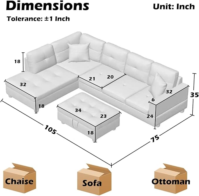 Leather Sectional Couch 105 Inch L Shaped Black Leather Sofa with Storage Ottoman 3 Piece Living Room Furniture Set with Tufted Pillows for Apartment Home Office