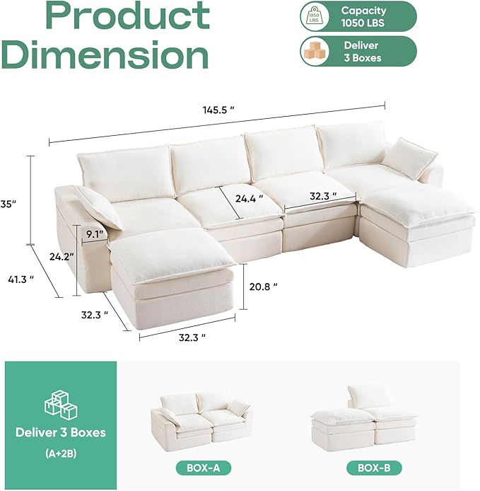 145 Modular Sectional Cloud Couch Deep Seat Boneless Couch for Living Room Upholstered Cloud Sectional Couch with Throw Pillows and Side PocketsNo Assembly RequiredChenilleBeige