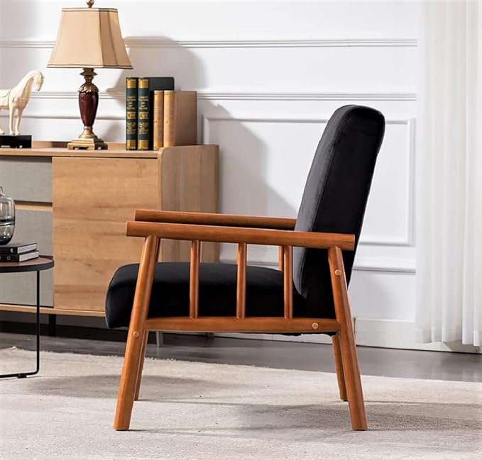 Container Furniture Classic Living Room Mid Century Modern Accent Chair with Unique Open-Framed Arm Design and Solid Wood Frame Velvet Armchair Black