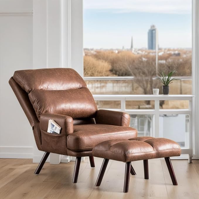 HOOOWOOO Living Room Recliner Chair and Ottoman SetFaux Suede Leather Accent Chairs with OttomanComfy Mid Century Modern Reclining Lounge Chair for Room BedroomDark Brown