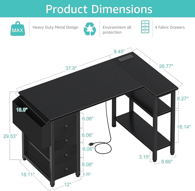 Lufeiya L Shaped Gaming Desk with Power Outlet 47 Inch Reversible Corner Computer Desk with Drawers &amp Storage Shelves for Home Office Bedroom L-Shaped Teen PC Desks with Fabric Drawer Black