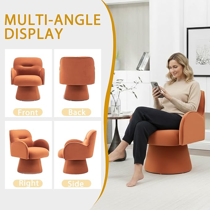 Swivel Chair with Armrest Modern Velvet Barrel Chairs with Curve Back Soft Cushion Comfy Accent Round Armchair Single Sofa for Living Room Bedroom Orange