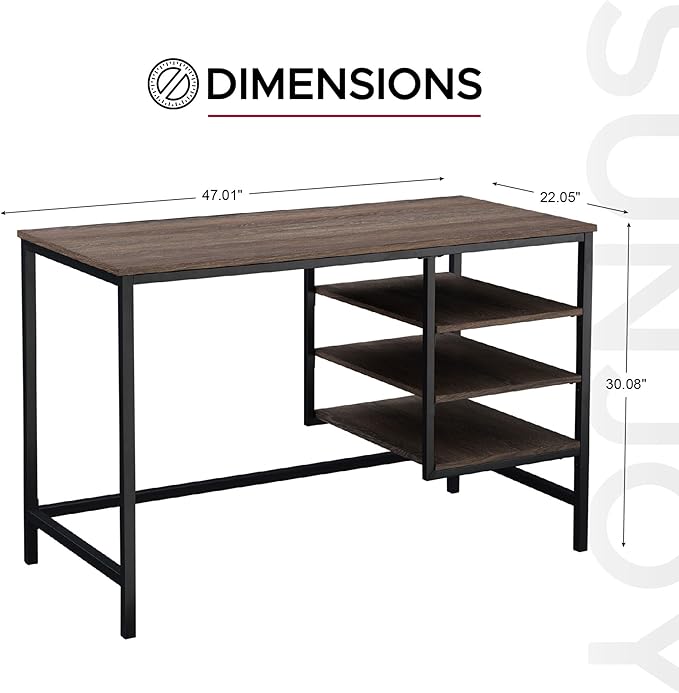 47 Modern Computer Desk Industrial Design Workstation with Wood Table Top Black Steel Frame and Shelves for Home Office Brown