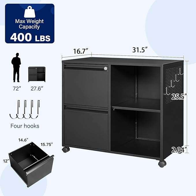Yizosh 2-Drawer Metal File Cabinet with Lock Mobile Lateral Filing Cabinet Printer Stand with Adjustable Storage Shelves for Home Office (Black)